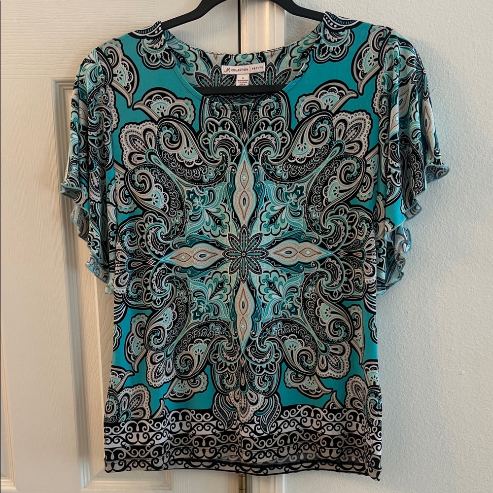 JM Collection Teal and Black Paisley Blouse